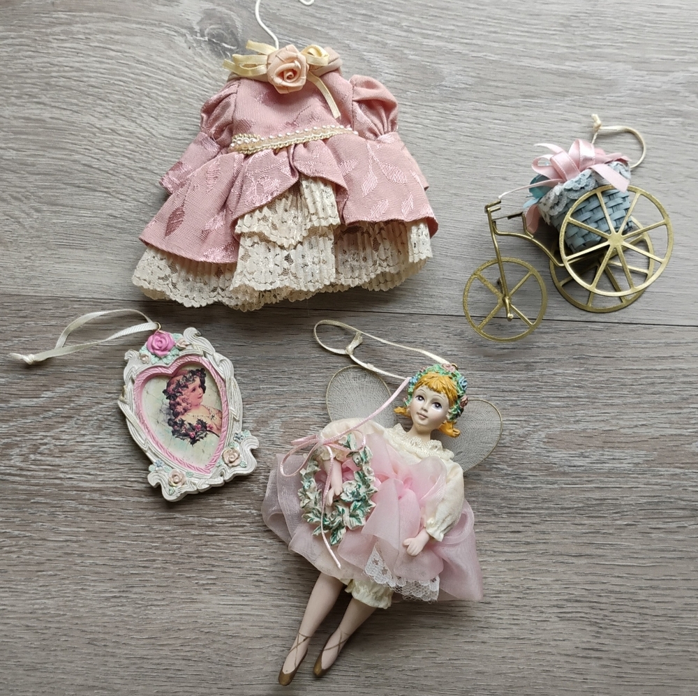 Vintage Christmas Ornaments Victorian Ceramic Picture Frame Bicycle Fairy